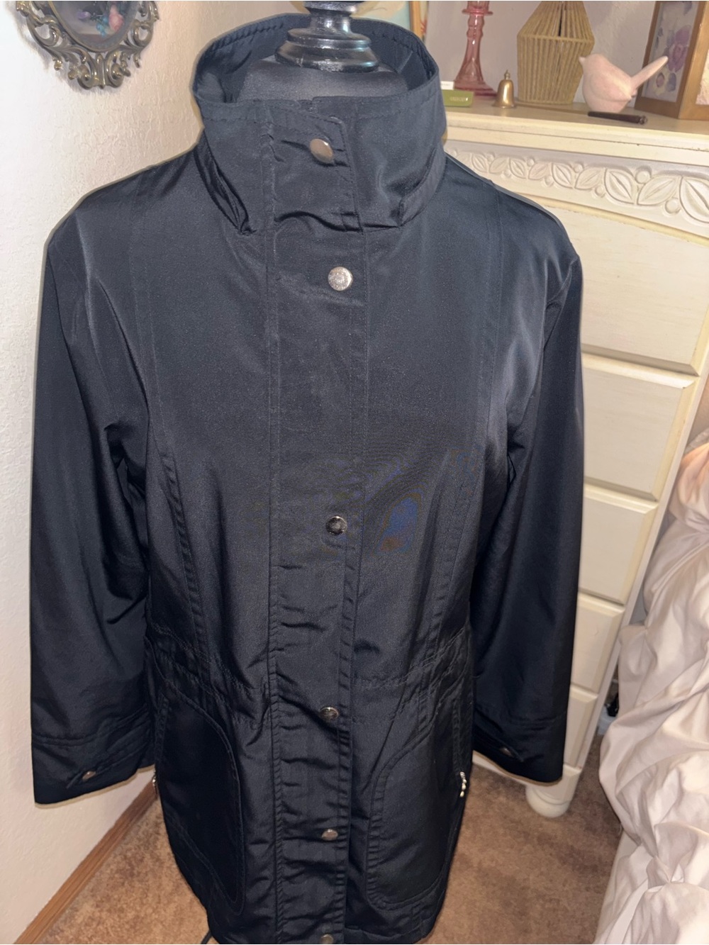 London Fog Black Longline Trench Coat with High Collar